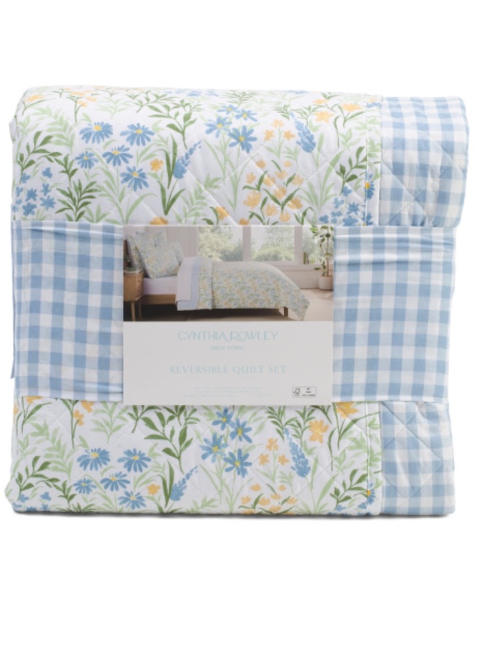 Cynthia Rowley Blue Floral and Gingham Reversible Quilt